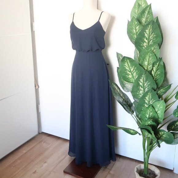 𝅺Birdy Grey Gwennie Navy Chiffon Blouson Spaghetti Strap Maxi Dress Size XS - Picture 11 of 14
